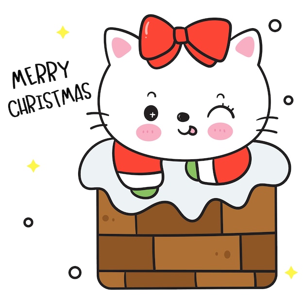 Vector gato lindo dibujos animados de navidad en la chimenea kawaii gatito feliz tarjeta de año nuevo animal de invierno