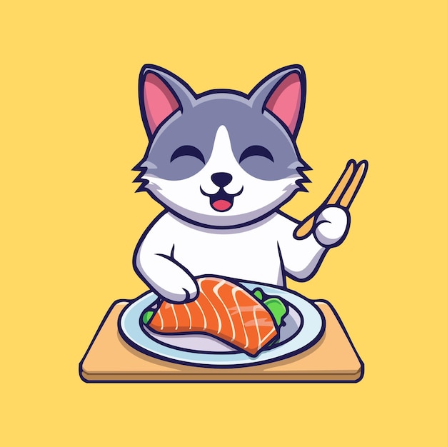 Gato lindo disfrutando de sushi de salmón con palillos en un plato