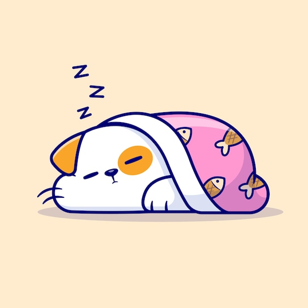 Gato lindo durmiendo con una manta de pescado Icono vectorial de dibujos animados Ilustración de la naturaleza animal aislado plano