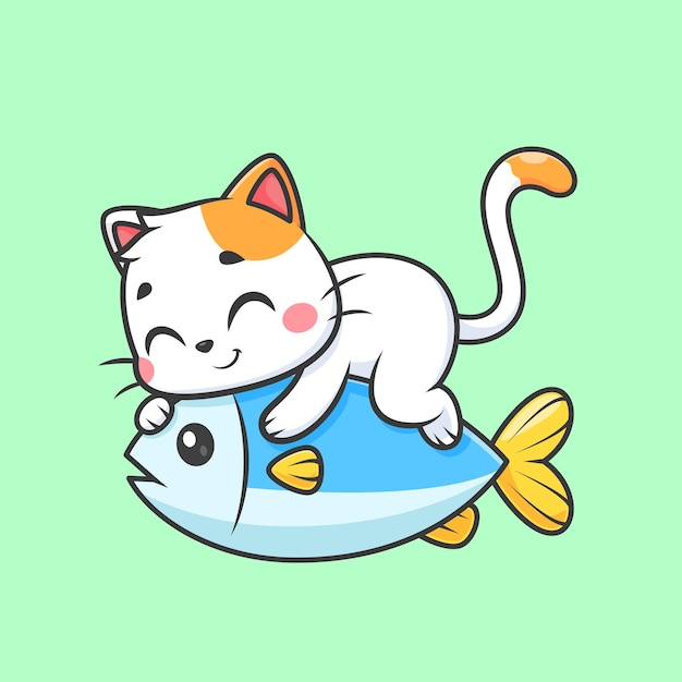 Gato lindo durmiendo en un pez icono vectorial de dibujos animados Ilustración icono de comida animal icono plano aislado