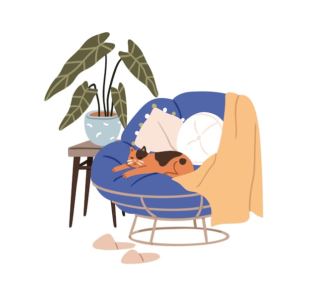 Gato lindo durmiendo en un sillón en casa Animal felino soñando dormido en una acogedora y cómoda silla Gato adorable acostado descansando cómodamente Ilustración vectorial plana aislada sobre fondo blanco