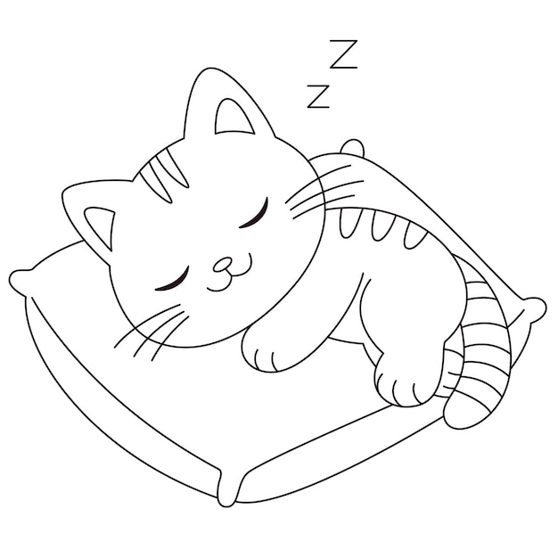 El gato lindo está durmiendo página de colorear Kawaii gatito ilustración libro de colorear