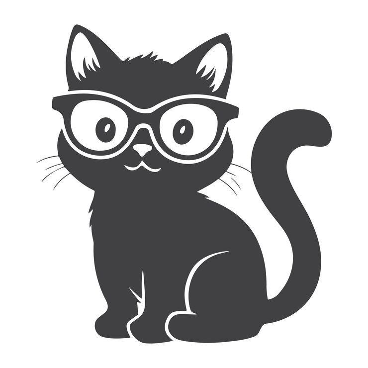 Vector el gato lindo está sentado usando gafas ilustración vectorial de silueta