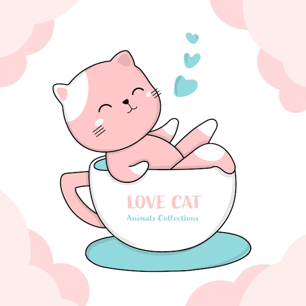 Vector gato lindo con estilo de dibujado a mano animal taza de café