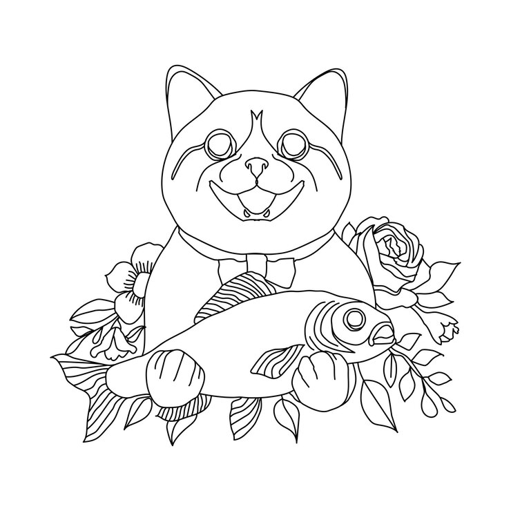 Gato lindo feliz con la captura de peces página de libro de colorear