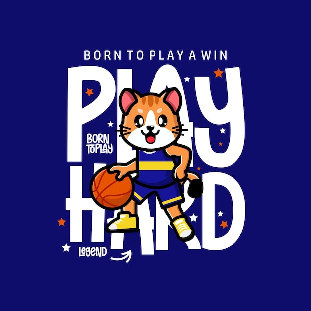 Gato lindo feliz jugando diseño de camiseta de baloncesto