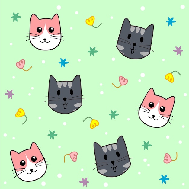 gato lindo feliz vector de patrón sin costuras en fondo verde y flor