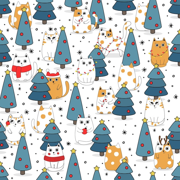 Gato lindo de fondo de patrones sin fisuras en la nieve para el invierno estilo Doodle