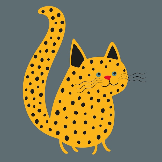 Un gato lindo y gracioso con una ilustración vectorial de pelaje de leopardo en un fondo oscuro Un gato amarillo con puntos negros
