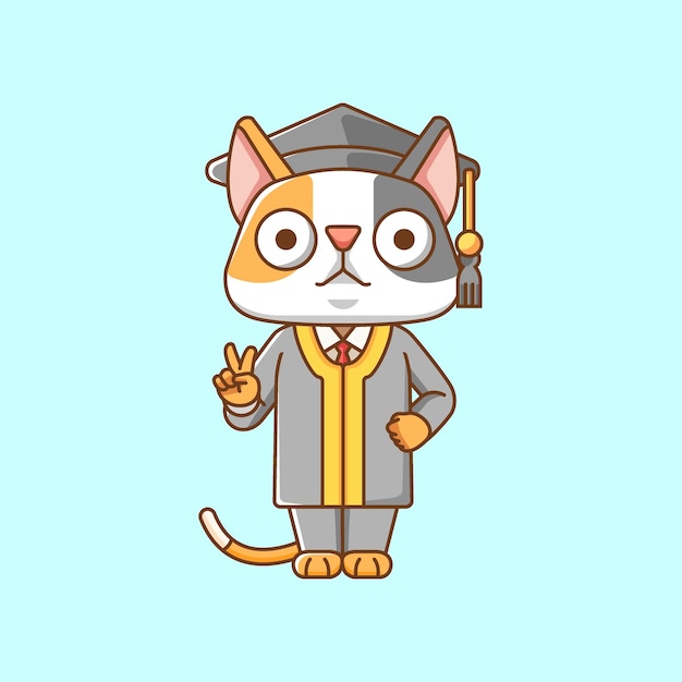 Gato lindo graduación animal de paz kawaii chibi personaje mascota ilustración diseño de estilo de contorno