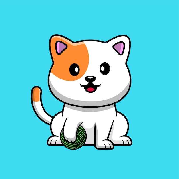 Gato lindo con ilustración de icono de vector de dibujos animados de bola de hilo