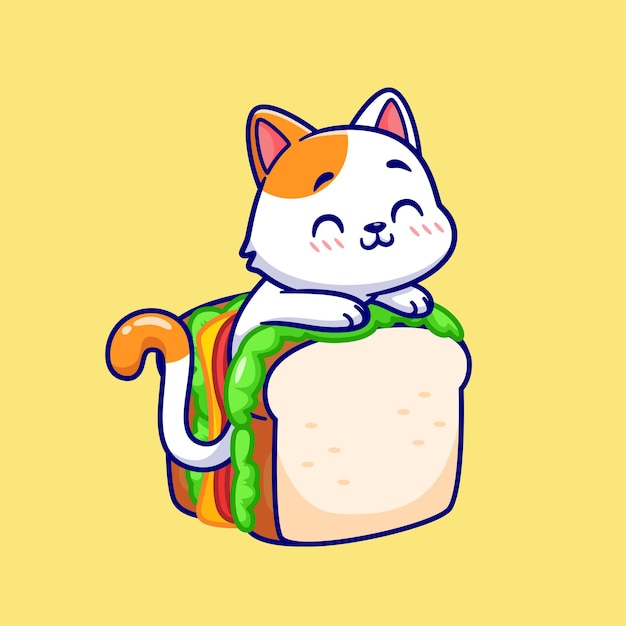 Gato lindo en la ilustración de icono de vector de dibujos animados de sándwich. Concepto de icono de comida para animales Vector Premium aislado. Estilo de dibujos animados plana