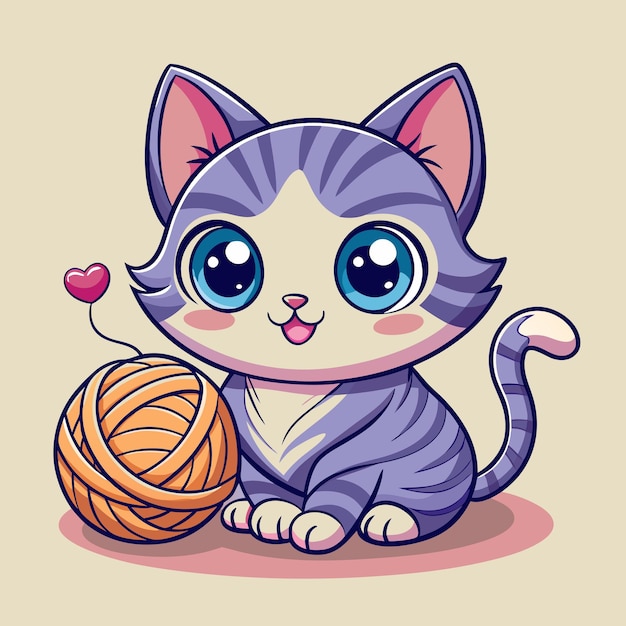 Gato lindo jugando con hilo Ilustración de diseño vectorial de dibujos animados
