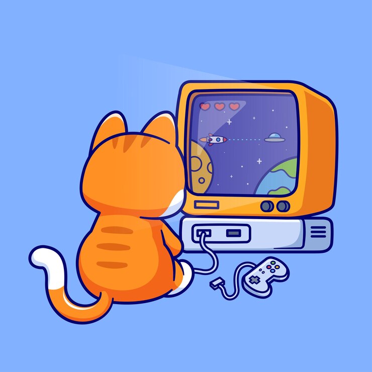 Vector gato lindo jugando juego espacial juego de dibujos animados icono vectorial ilustración tecnología animal aislado plano