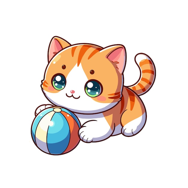 gato lindo jugando con la pelota vector de dibujos animados en fondo blanco