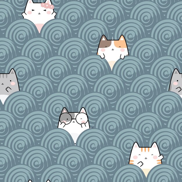 Gato lindo kawaii inconsútil en diseño de patrón de remolino para scrapbooking tela de tarjetas de moda