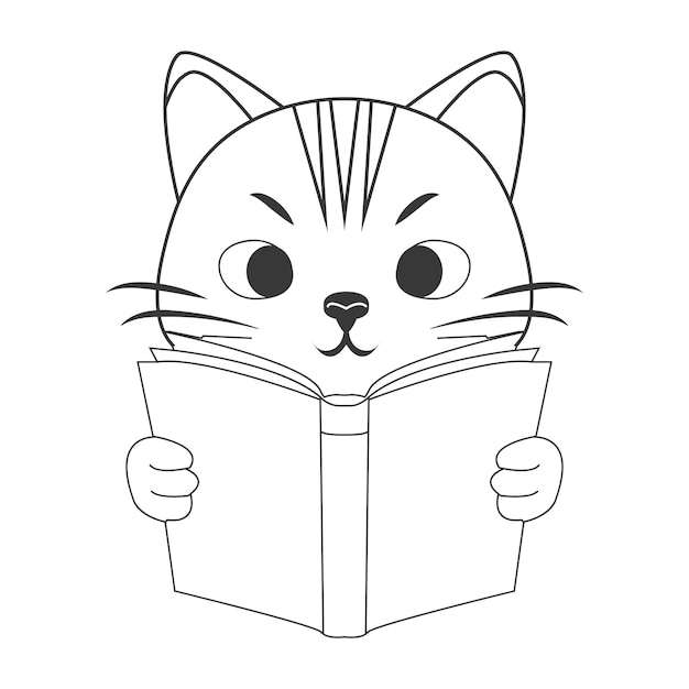 Gato lindo leyendo un libro de arte de dibujo de líneas