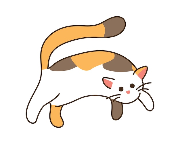 Gato lindo manchado saltando Tricolor gatito doméstico se escapa gracioso con la cola levantada animal Kawaii