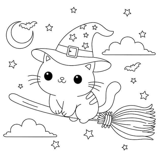 El gato lindo monta una escoba a través del cielo nocturno página de colorear
