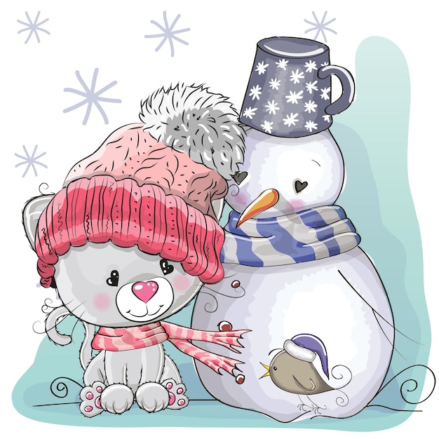 Gato lindo y muñeco de nieve