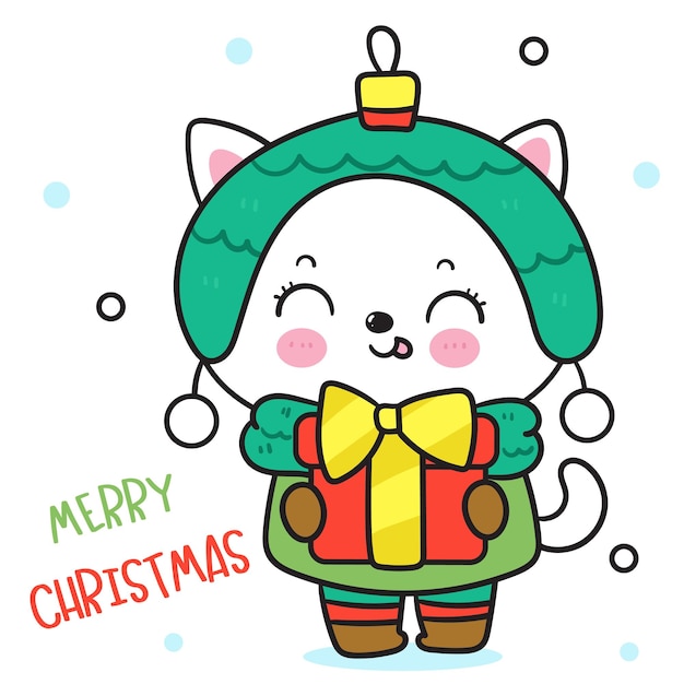 Vector gato lindo de navidad dibujos animados kawaii gatito feliz tarjeta de año nuevo animal de invierno