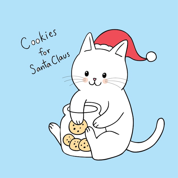 Gato lindo de la Navidad de la historieta que come vector de las galletas.