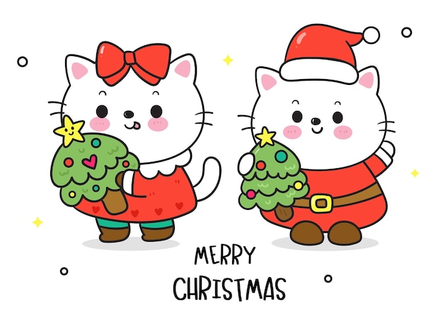 Gato lindo de navidad pareja de dibujos animados kawaii gatito feliz tarjeta de año nuevo animal de invierno