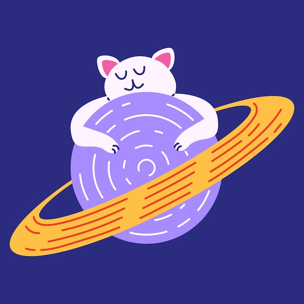 Gato lindo en otro planeta Ilustración vectorial de un personaje gato abrazando el planeta Saturno en el espacio