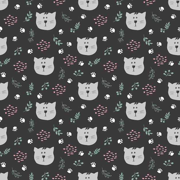Gato lindo patrón sin costuras Animales de dibujos animados en el fondo del bosque Ilustración vectorial