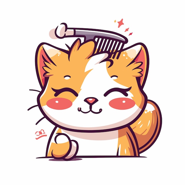 Vector gato lindo peinando su cabello ilustración vectorial al estilo de dibujos animados