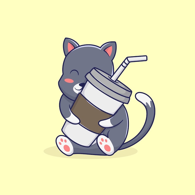 Gato lindo que sostiene un diseño del vector del ejemplo del café de la taza