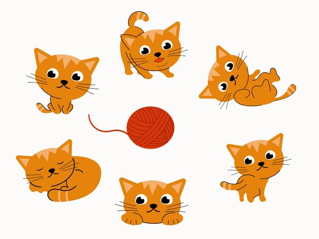 Gato lindo rojo en diferentes poses con una pelota Ilustración plana de dibujos animados vectoriales