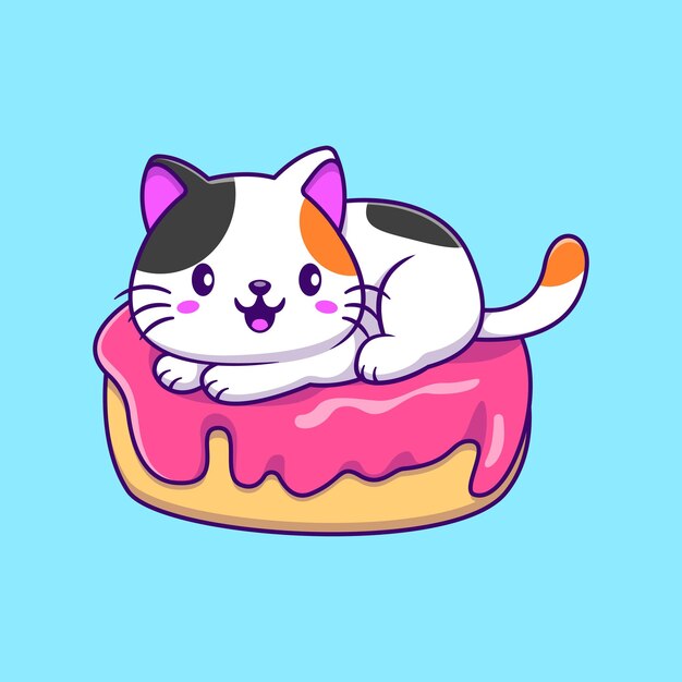 Gato lindo en una rosquilla iconos vectoriales ilustración concepto de dibujos animados planos