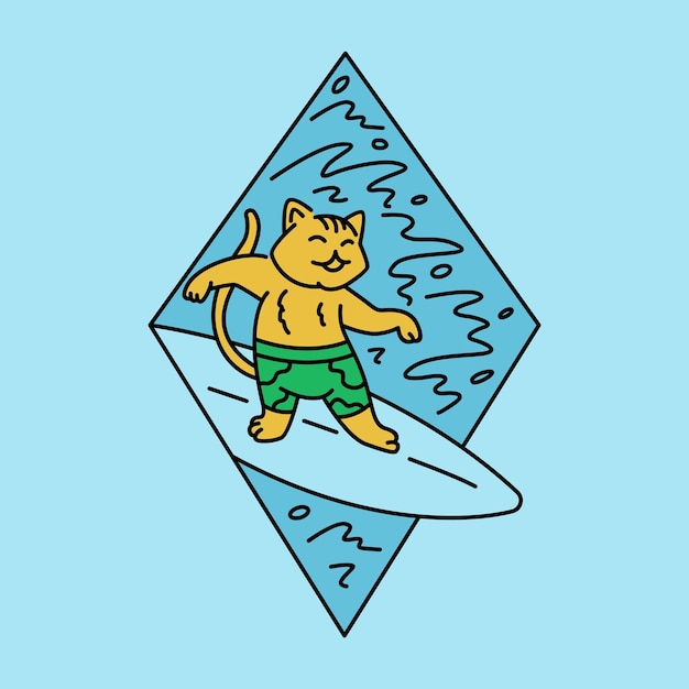 Gato lindo surfeando con tabla de surf en la playa 1