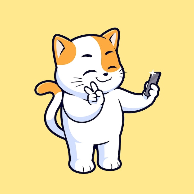 Vector gato lindo tomando una selfie con un teléfono inteligente ilustración de icono vectorial de dibujos animados de estilo plano