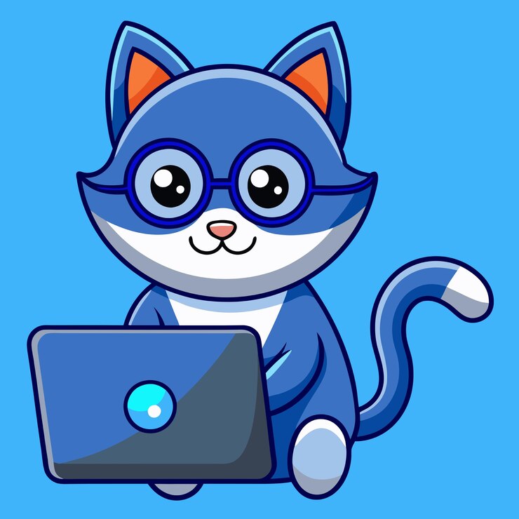 Vector gato lindo trabajando en la computadora portátil icono vectorial de dibujos animados ilustración icono de tecnología animal concepto aislado estilo plano de dibujo animado vectorial premium