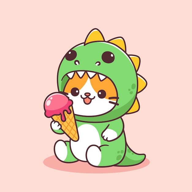 El gato lindo usa un disfraz de dino y come helado. Ilustración de animales kawaii.