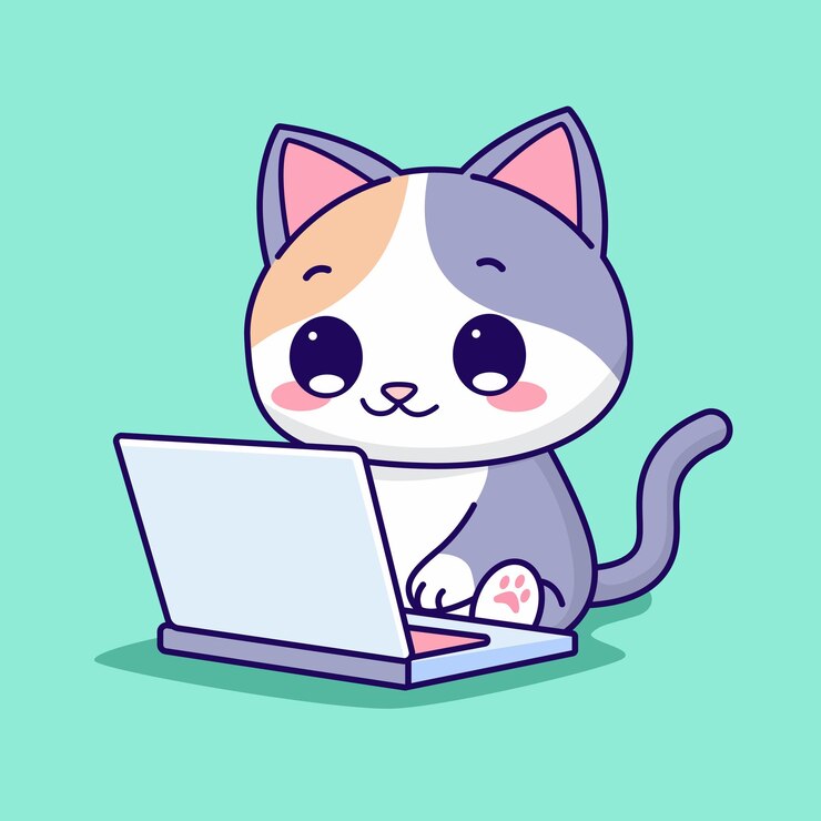 Vector gato lindo usando una ilustración vectorial de dibujos animados para computadora portátil