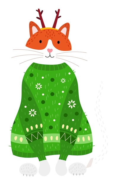 Gato lindo vestido con un suéter verde de navidad traje festivo con cuernos de reno temporada de vacaciones