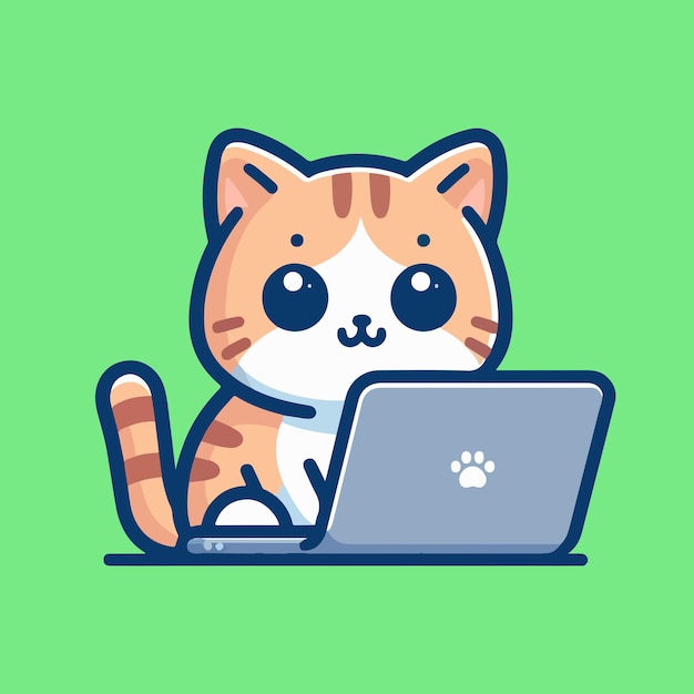 Gato lindo viendo dibujos animados en el portátil Vector