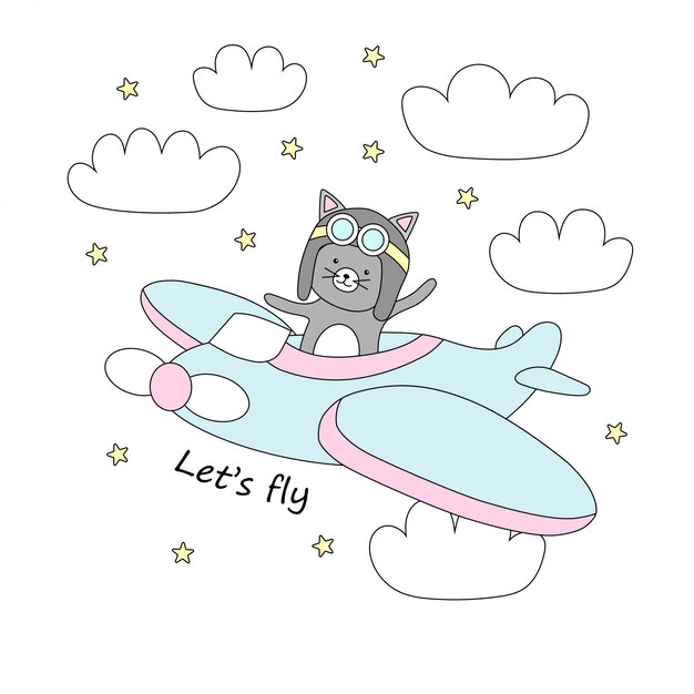 El gato lindo vuela en un avión en el cielo con las estrellas y las nubes.