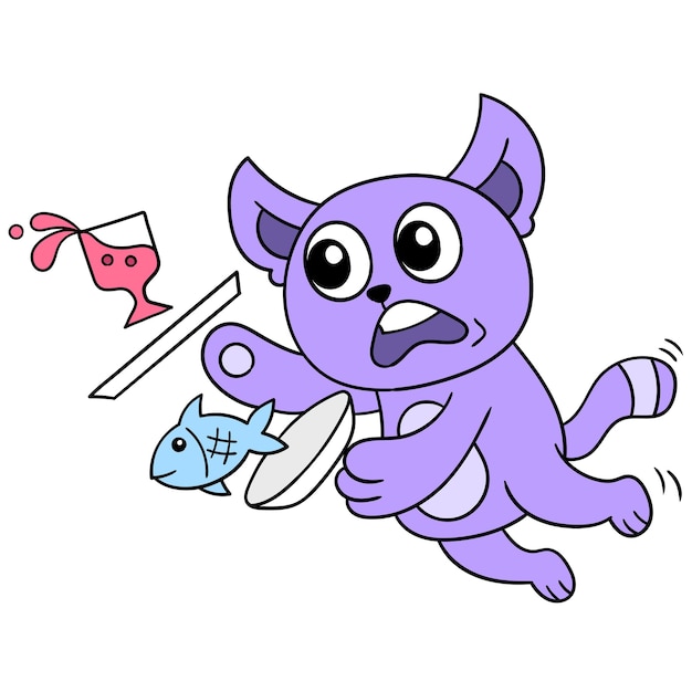 El gato llevaba comida y bebida se deslizó hacia abajo, arte de ilustración vectorial. imagen de icono de doodle kawaii.