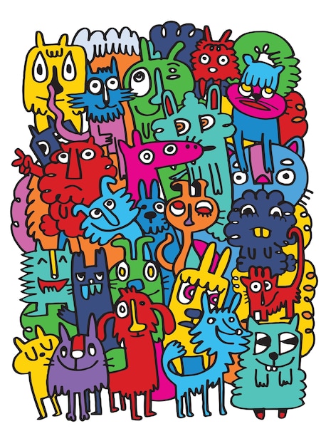 Gato loco doodle, estilo dibujo doodle