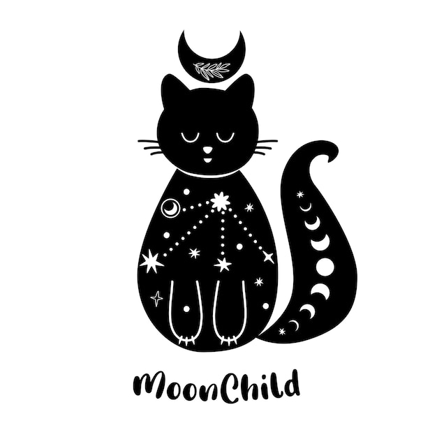 Gato de la luna gato celestial lindo animal forma de gato negro aislado gato celestial vector tatuaje boho diseño