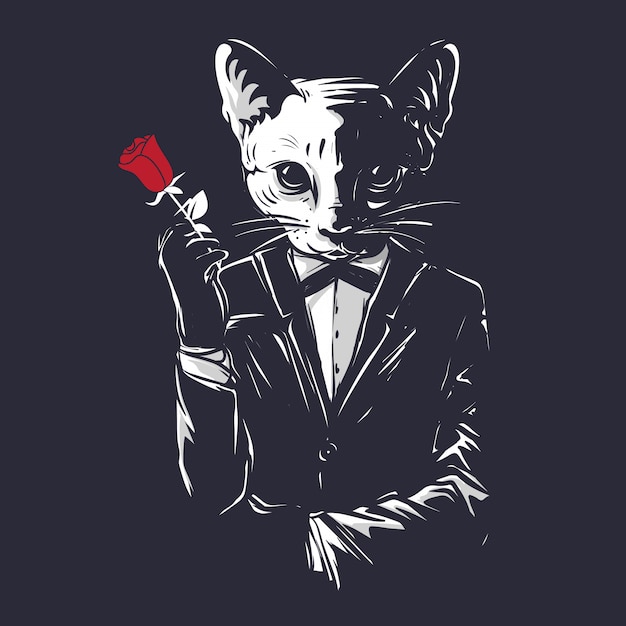 Vector gato mafioso gángster sostener una flor rosa