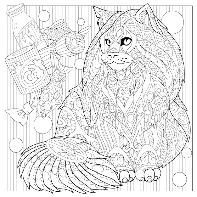 Gato maine coon. Ilustración para colorear zentangle. Diseño de arte de línea para la página del libro de colorear para adultos.