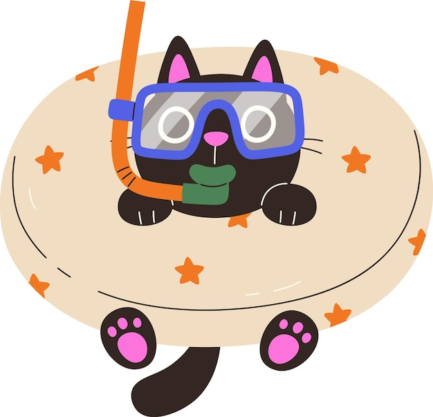 Gato con máscara de buceo en el anillo de natación