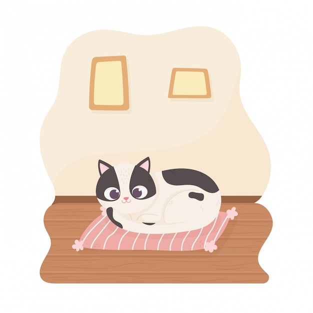 Gato mascota blanco y negro descansando sobre cojín ilustración de dibujos animados
