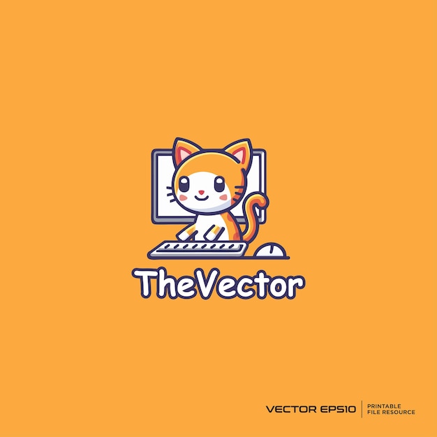 El gato y la mascota de la computadora Vector logotipo personaje de dibujos animados eps10