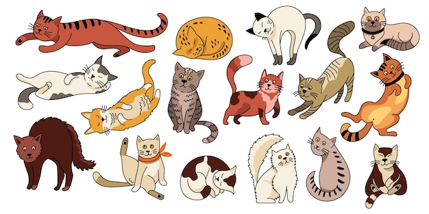 Gato de mascota lindo Gatos divertidos de dibujos animados con diferentes emociones y gato posa adorable contorno dibujado personajes de gatito en varias acciones Vector gatos coloridos conjunto